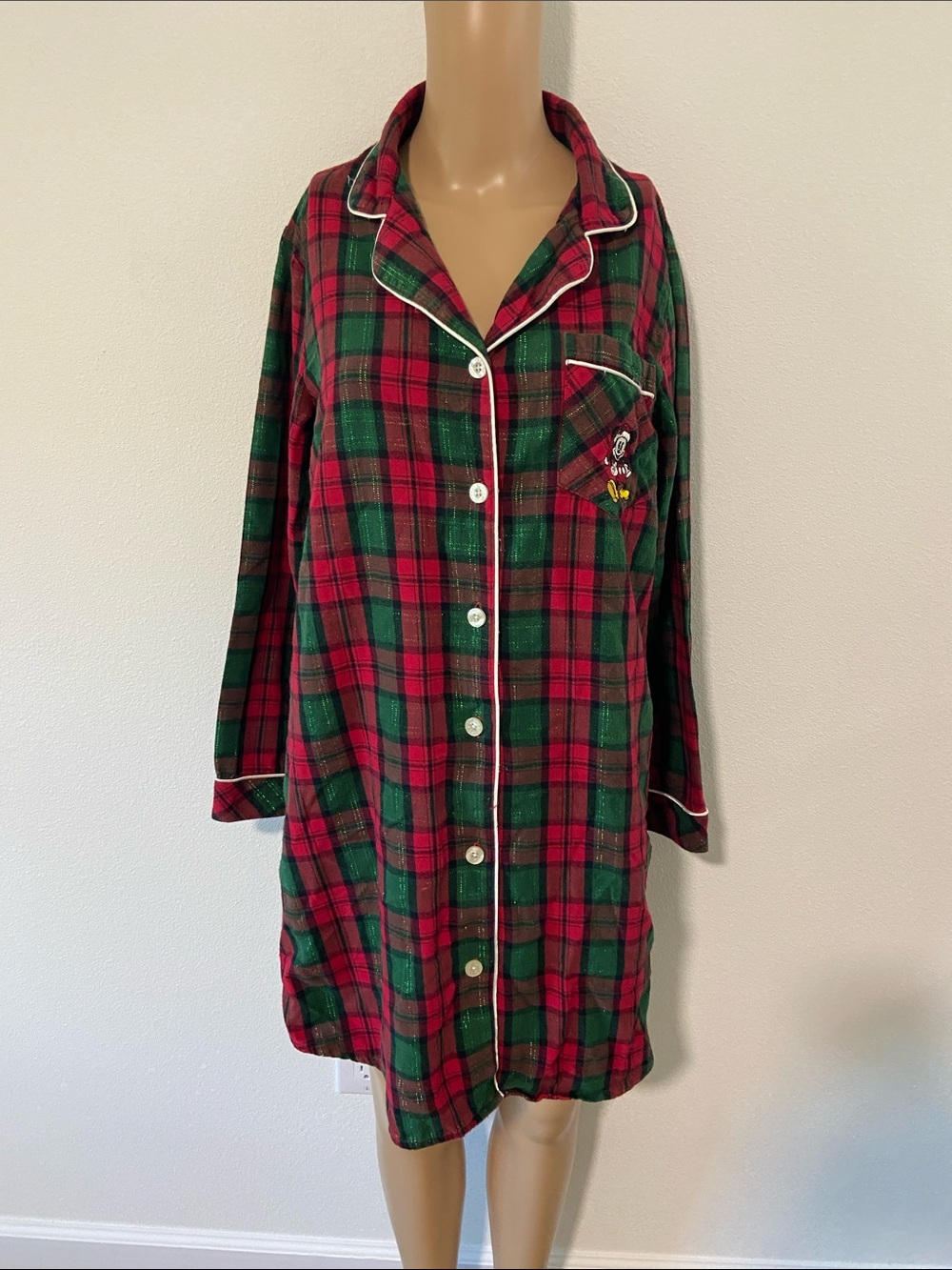Disney Red & Green Plaid Button-Front Nightshirt with White Piping